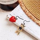 Non-matching Alloy Bear & Heart Dangle Earring 1 Pair - Gold & Red - One Size