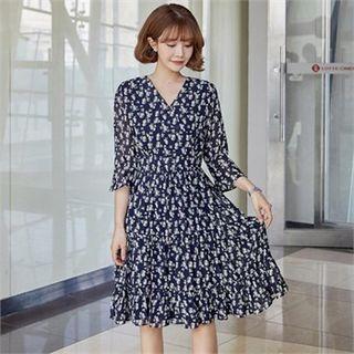 Floral Print Chiffon Dress Navy Blue - One Size
