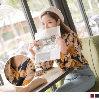 V-neck Leaves Print Blouse