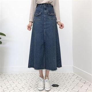 Flap-pocket Denim A-line Maxi Skirt