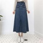 Flap-pocket Denim A-line Maxi Skirt