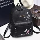 Embroidered Faux Leather Backpack Black - One Size