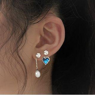 Heart Rhinestone Faux Pearl Asymmetrical Dangle Earring