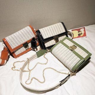 Straw Panel Faux Leather Crossbody Bag