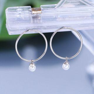 925 Sterling Silver Faux Pearl Hoop Earring Platinum Plated - One Size