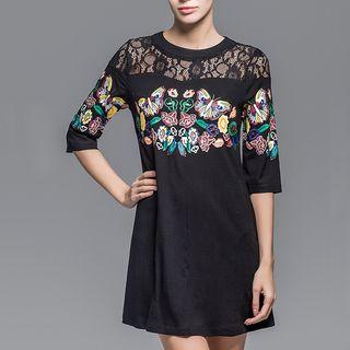 Flower Embroidered Lace Panel Elbow Sleeve Dress