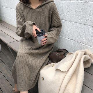 Long Sleeve V-neck Rib Knit Dress