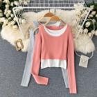 Mock Two-piece Off-shoulder Round-neck Long-sleeve Top