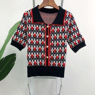 Short Sleeve Argyle & Heart Pattern Knit Top