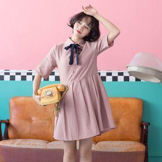 Short-sleeve Ribbon-accent Dress