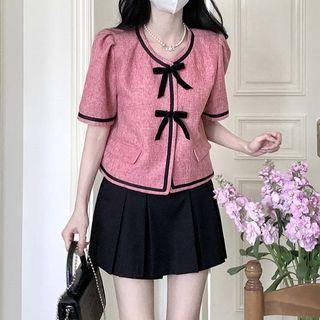 Short-sleeve Bow Blouse / Pleated Mini A-line Skort