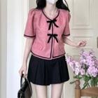 Short-sleeve Bow Blouse / Pleated Mini A-line Skort