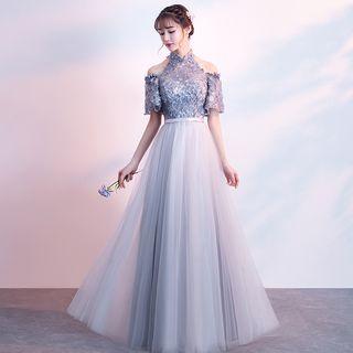 Halter Flower Applique Evening Gown