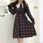 Bow Accent Plaid Long-sleeve A-line Dress As Shown In Figure - One Size