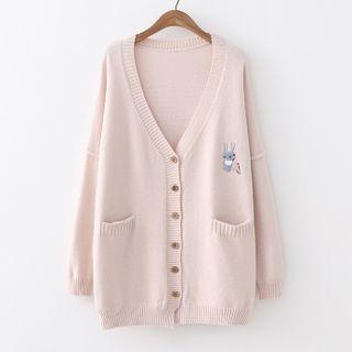 Rabbit Embroidery Cardigan Khaki - One Size