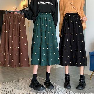 Floral Embroidered Midi A-line Corduroy Skirt