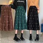 Floral Embroidered Midi A-line Corduroy Skirt