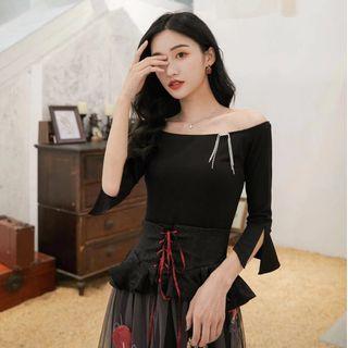Boatneck Bell-sleeve Lace-up Top