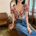 Puff-sleeve Square-neck Slim-fit Blouse