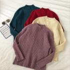 Plain Rib-knit Mock-neck Long-sleeve Sweater