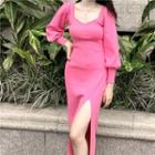 Puff-sleeve V-neck Side-slit Sheath Dress