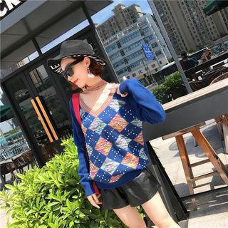 Argyle Embellished Long-sleeve Knit Sweater