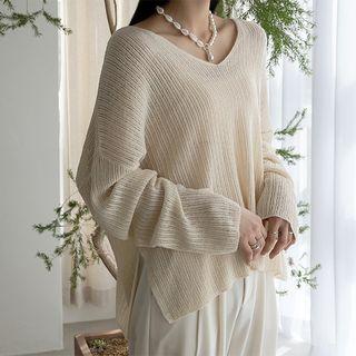 V-neck Slit-side Knit Top Light Beige - One Size