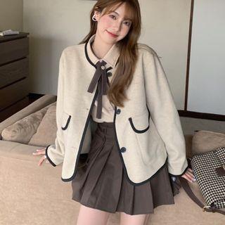 Long-sleeve Shirt / Contrast Trim Button Jacket / Pleated Mini A-line Skirt