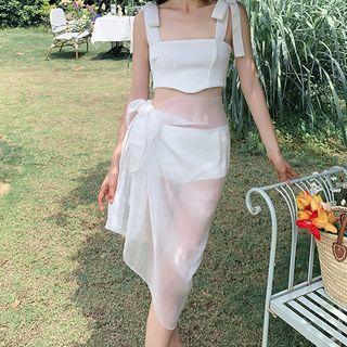 Set: Sleeveless Swim Top + Bottom + Mesh Midi Skirt