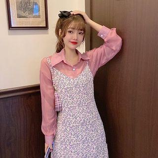 Sheer Long-sleeve Shirt / Spaghetti Strap Floral Midi A-line Dress