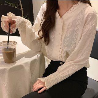 Long-sleeve Lace Trim Buttoned Top Almond - One Size