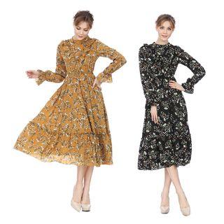 Floral Print Frill Trim Long Sleeve Midi Chiffon Dress