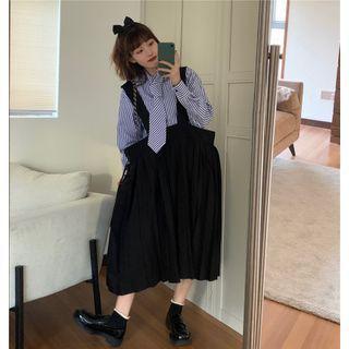 Tie-neck Striped Blouse / Midi Jumper Skirt
