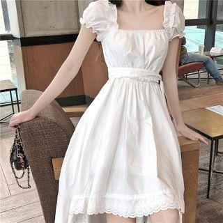 Puff-sleeve Asymmetrical Ruffle Trim A-line Dress