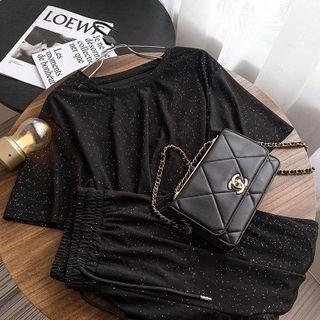 Set: Short-sleeve Glitter T-shirt + Harem Pants T-shirt - Black - One Size / Pants - Black - One Size