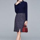 Long-sleeve Tweed Panel Midi A-line Knit Dress