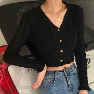 V-neck Cropped Pointelle Knit Cardigan