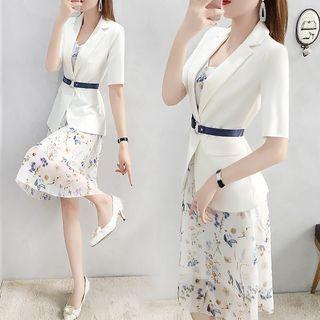 Set: Elbow-sleeve Blazer + Strappy Floral Dress