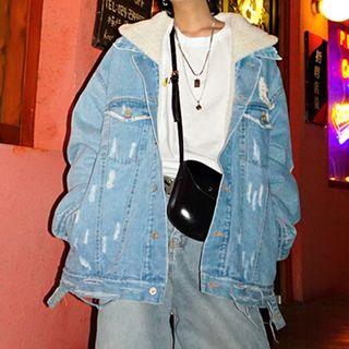 Fleece Hooded Ripped Denim Jacket