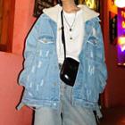 Fleece Hooded Ripped Denim Jacket