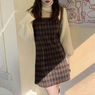 Spaghetti Strap Plaid Mini Sheath Dress / Cropped Turtlneck Sweater