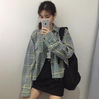 Plaid Button Jacket Plaid - Gray & Yellow - One Size