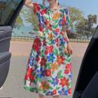 Short-sleeve Floral Print Dress Red & Yellow & Green - One Size