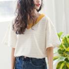 Striped Loose-fit V-neck Short-sleeve T-shirt