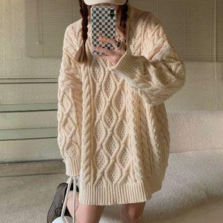 Linen Flower Round-neck Medium Long Sweater Almond - One Size