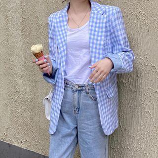 Gingham Single-breasted Blazer Plaid - White & Blue - One Size