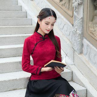 Piped Stand-collar Long-sleeve Top