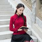 Piped Stand-collar Long-sleeve Top