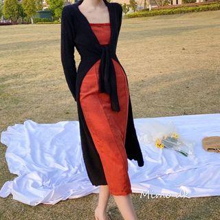 Spaghetti Strap Midi A-line Dress / Long Cardigan / Set
