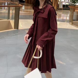 Long-sleeve Tie-neck Midi A-line Dress Red - One Size